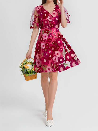 Flower Embroidered Puff Sleeves Mini A-Line Dress