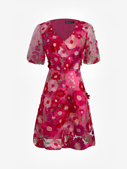 Flower Embroidered Puff Sleeves Mini A-Line Dress