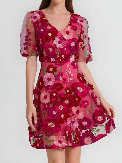 Flower Embroidered Puff Sleeves Mini A-Line Dress