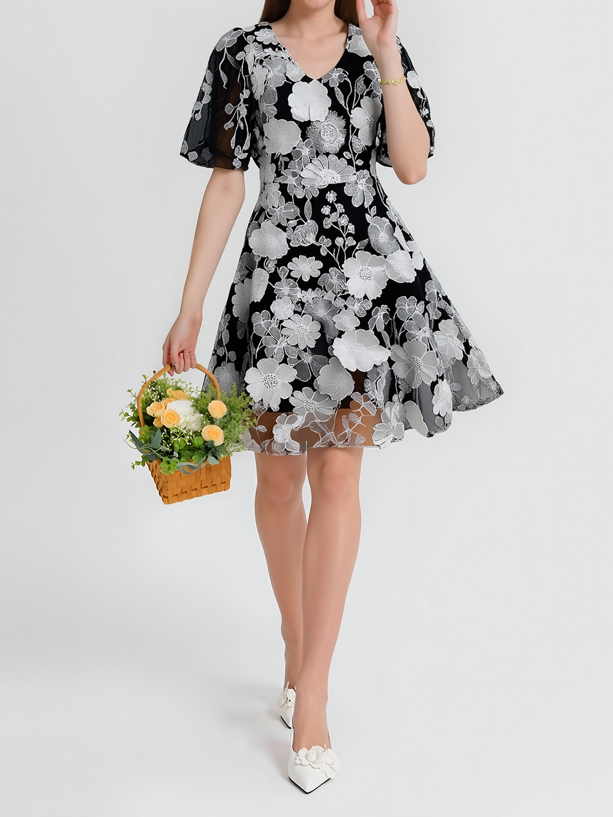 Flower Embroidered Puff Sleeves Mini A-Line Dress
