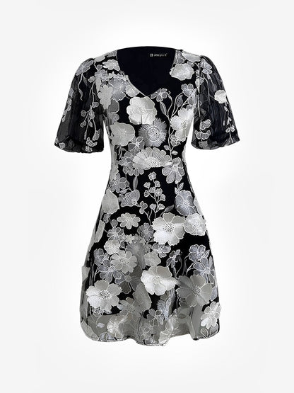 Flower Embroidered Puff Sleeves Mini A-Line Dress