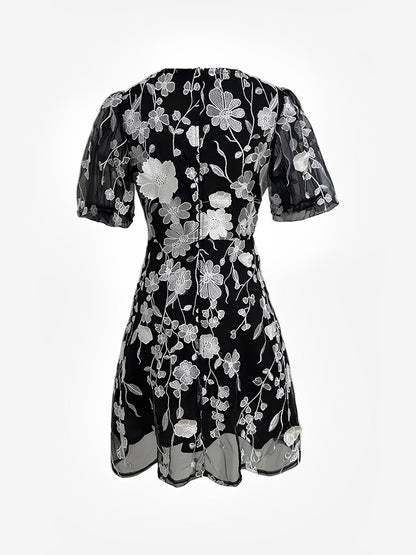 Flower Embroidered Puff Sleeves Mini A-Line Dress