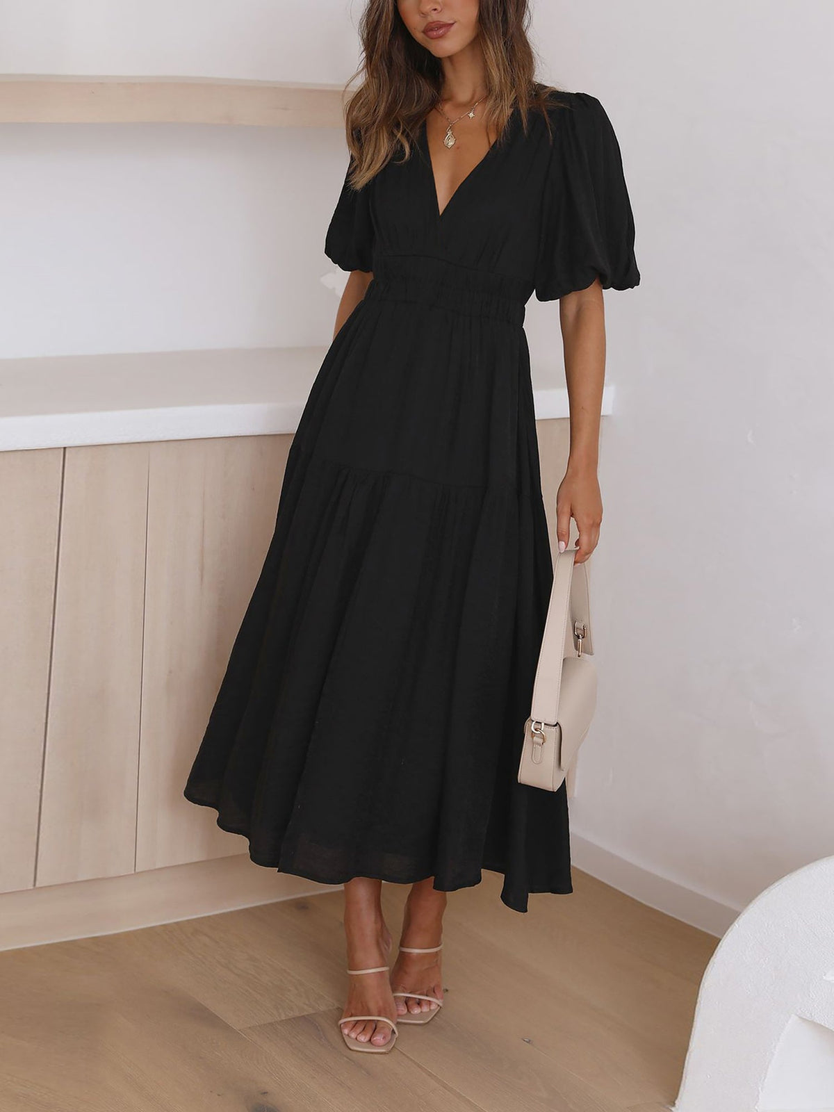 Solid Color V Neck Lantern Sleeve Tiered Maxi Dress