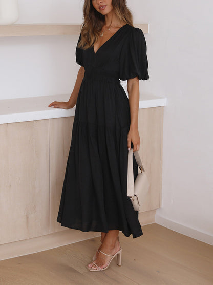 Solid Color V Neck Lantern Sleeve Tiered Maxi Dress