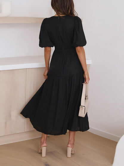 Solid Color V Neck Lantern Sleeve Tiered Maxi Dress