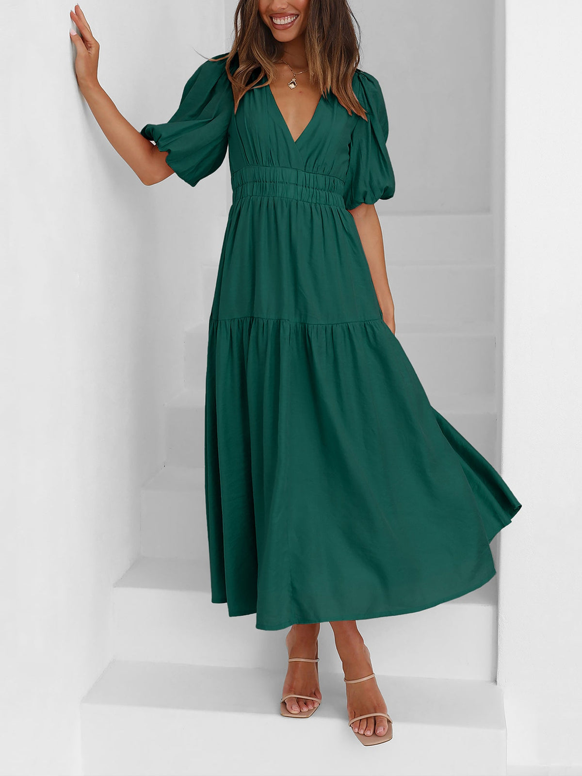 Solid Color V Neck Lantern Sleeve Tiered Maxi Dress