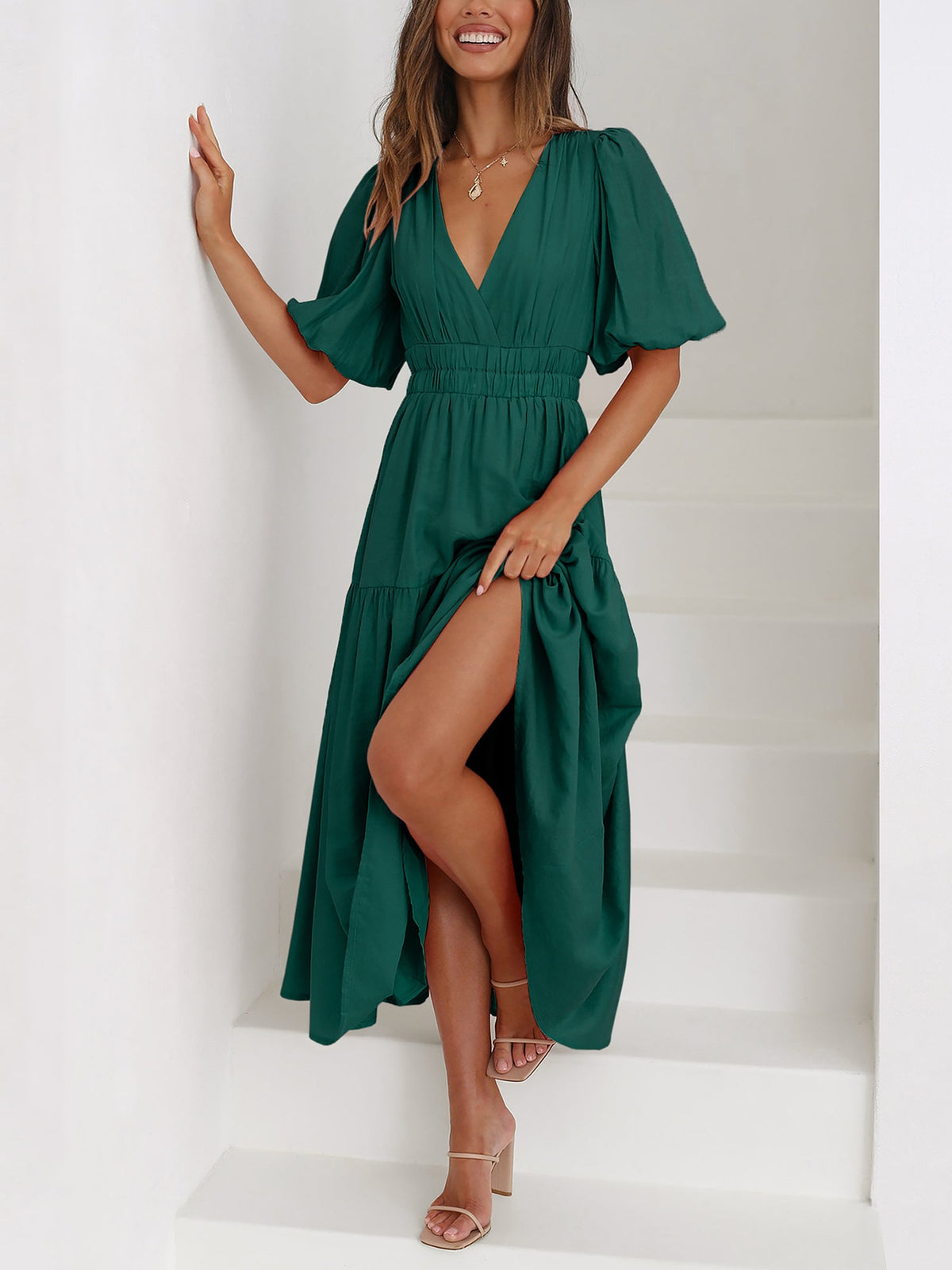 Solid Color V Neck Lantern Sleeve Tiered Maxi Dress