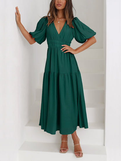 Solid Color V Neck Lantern Sleeve Tiered Maxi Dress