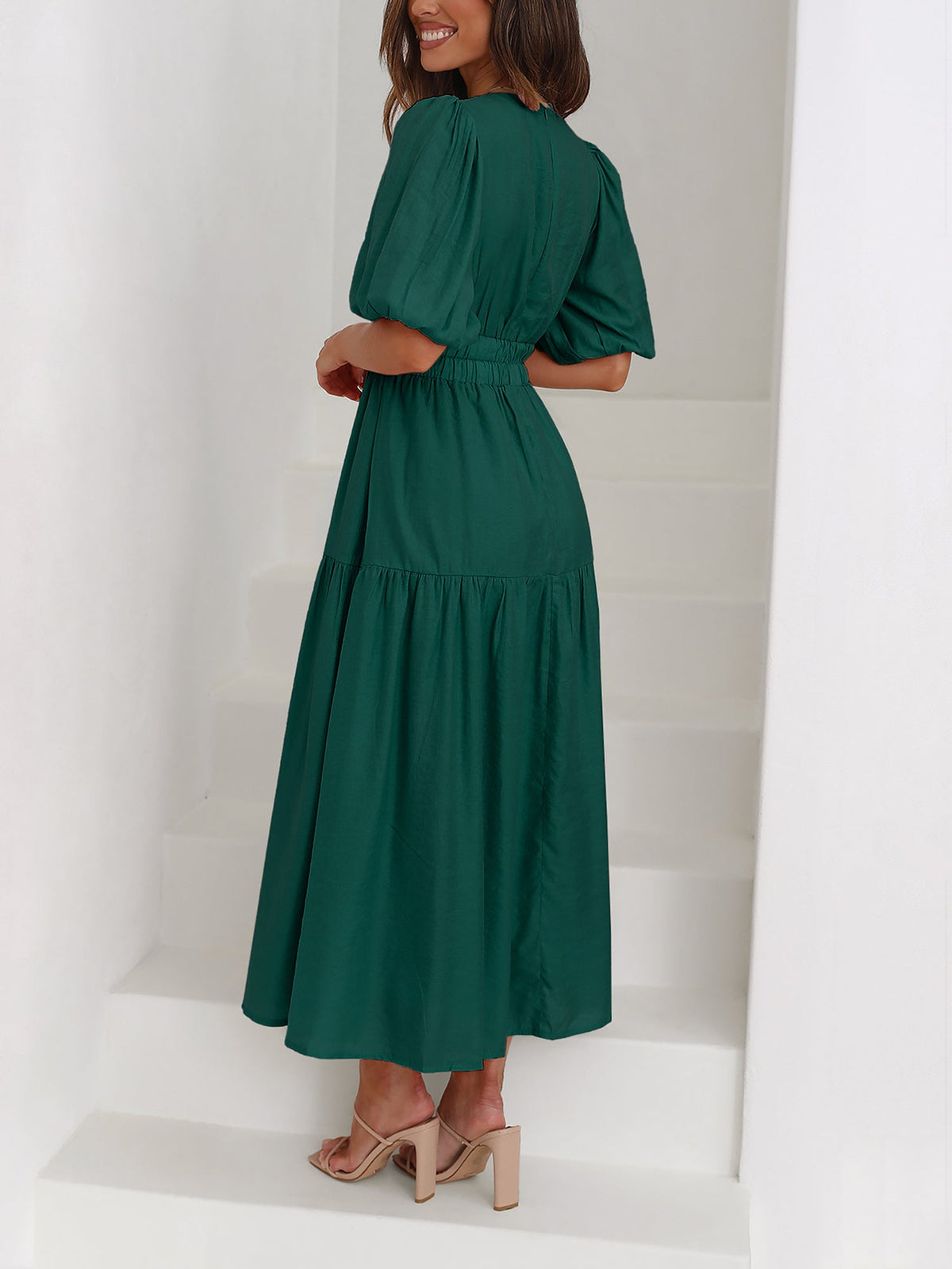 Solid Color V Neck Lantern Sleeve Tiered Maxi Dress