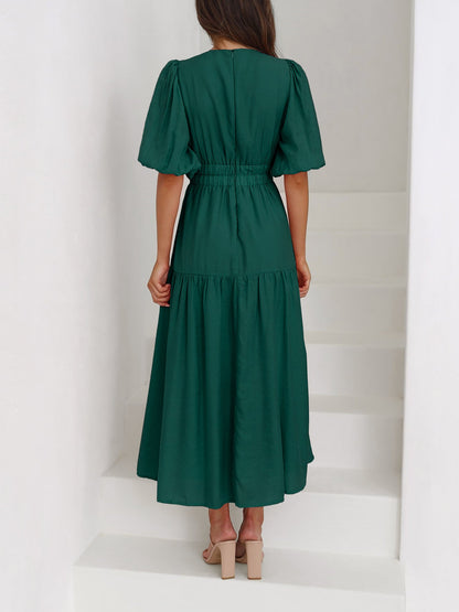 Solid Color V Neck Lantern Sleeve Tiered Maxi Dress