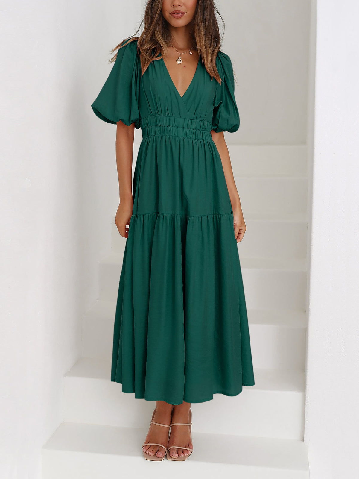 Solid Color V Neck Lantern Sleeve Tiered Maxi Dress