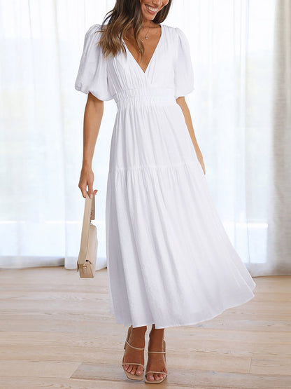 Solid Color V Neck Lantern Sleeve Tiered Maxi Dress