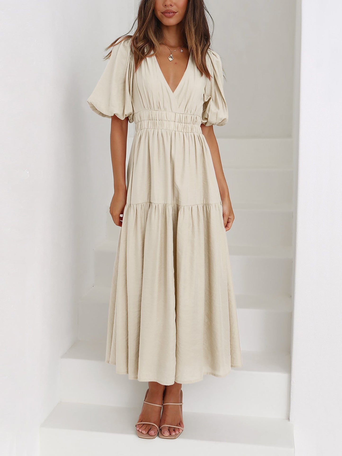 Solid Color V Neck Lantern Sleeve Tiered Maxi Dress