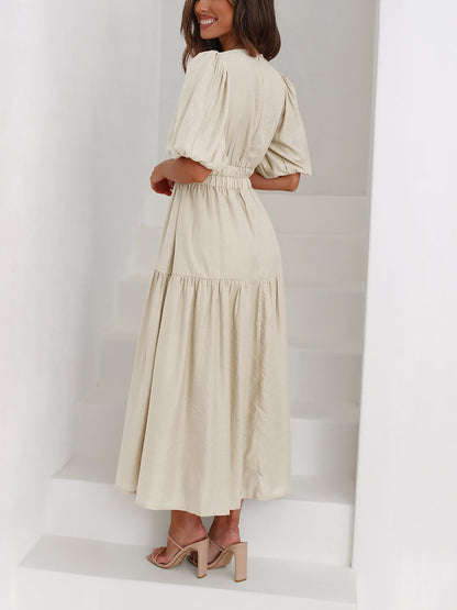 Solid Color V Neck Lantern Sleeve Tiered Maxi Dress