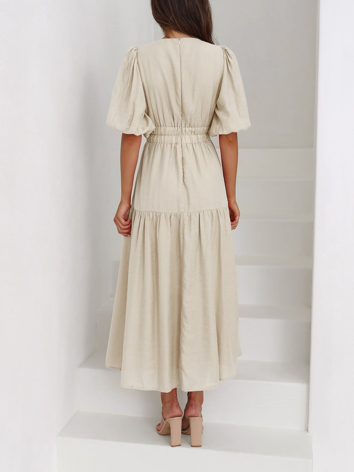 Solid Color V Neck Lantern Sleeve Tiered Maxi Dress