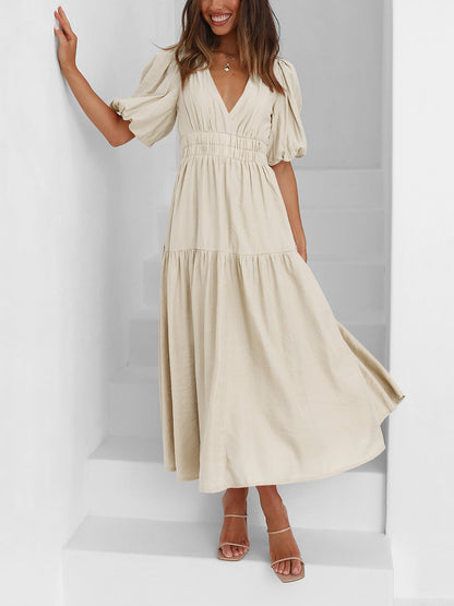 Solid Color V Neck Lantern Sleeve Tiered Maxi Dress
