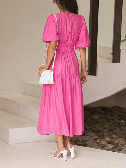 Solid Color V Neck Lantern Sleeve Tiered Maxi Dress