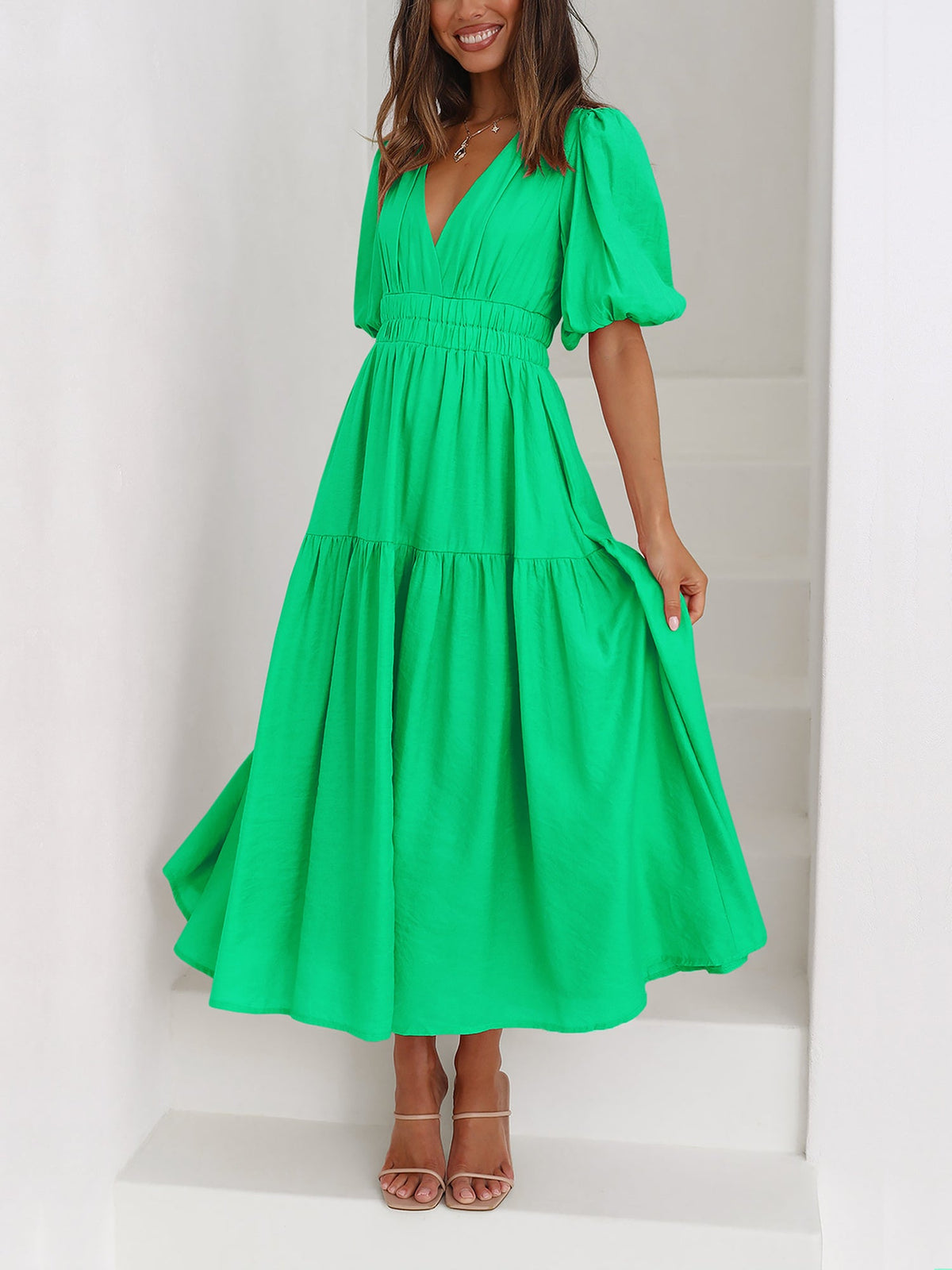 Solid Color V Neck Lantern Sleeve Tiered Maxi Dress