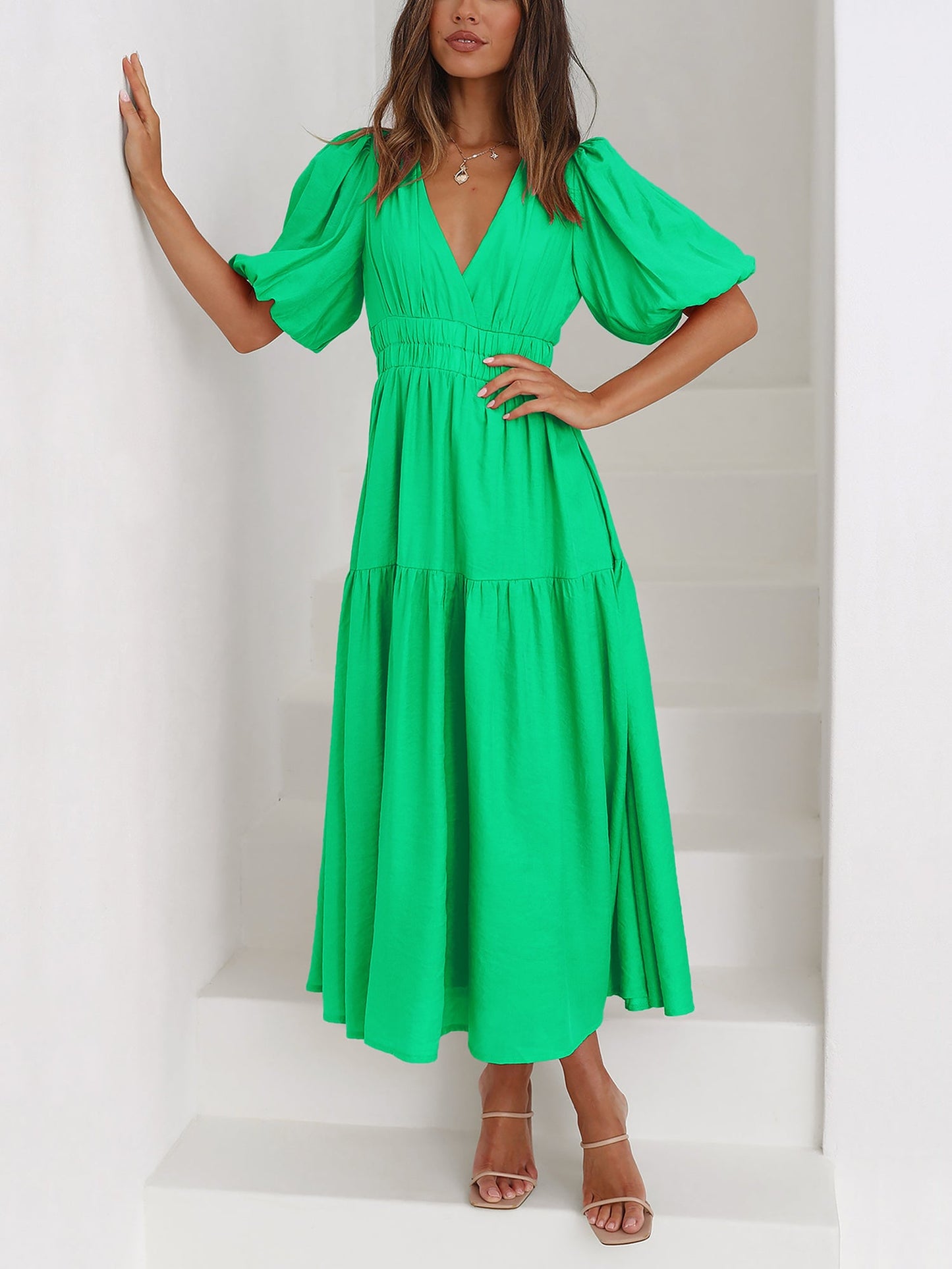 Solid Color V Neck Lantern Sleeve Tiered Maxi Dress
