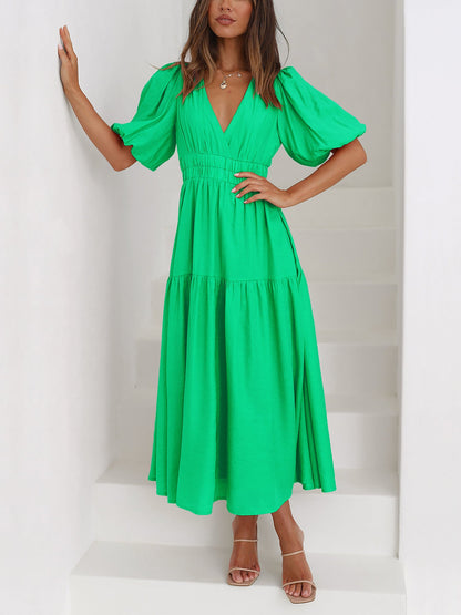 Solid Color V Neck Lantern Sleeve Tiered Maxi Dress
