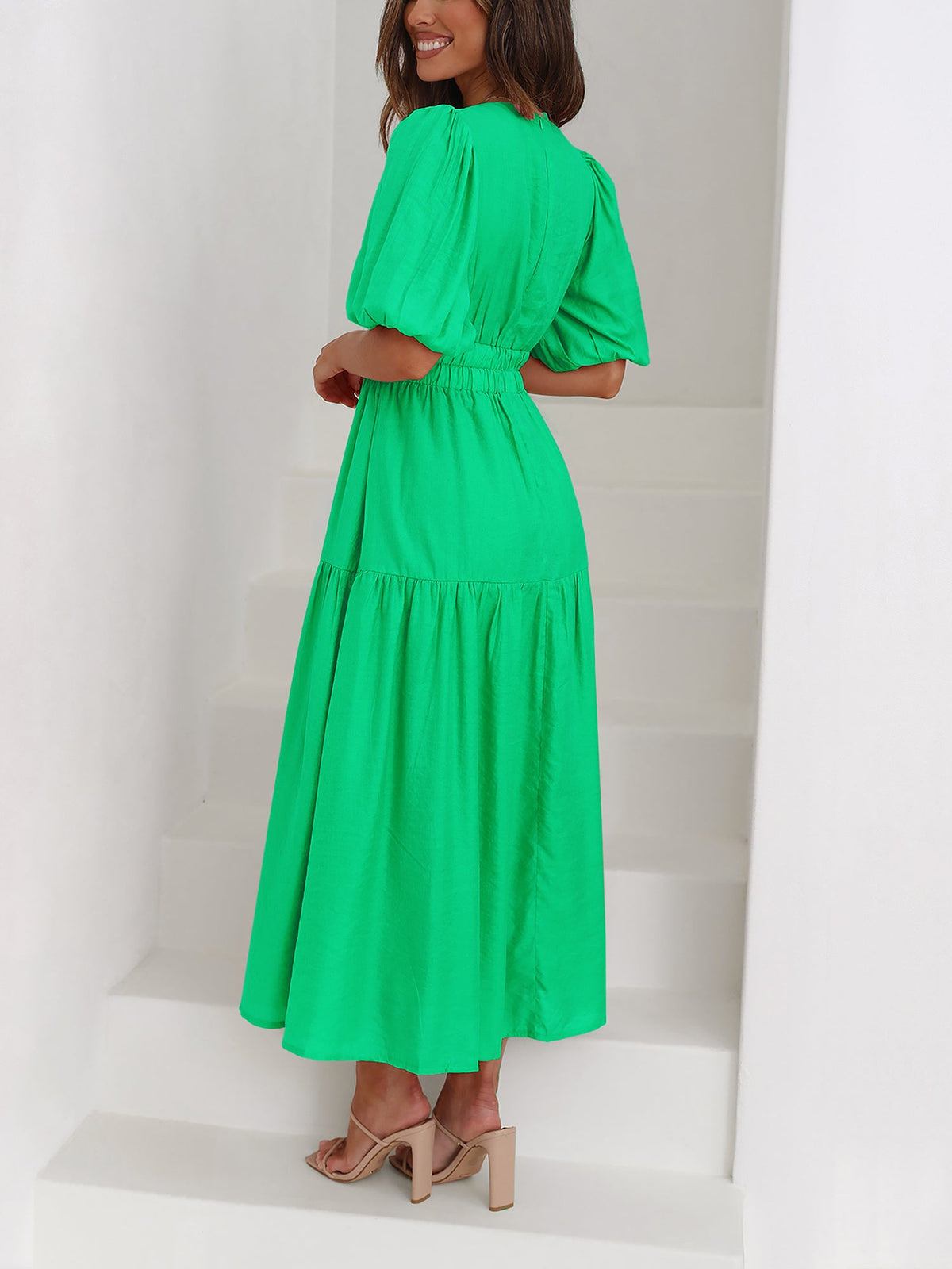 Solid Color V Neck Lantern Sleeve Tiered Maxi Dress