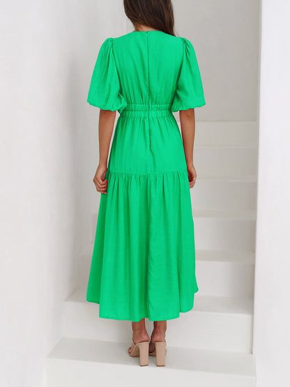 Solid Color V Neck Lantern Sleeve Tiered Maxi Dress