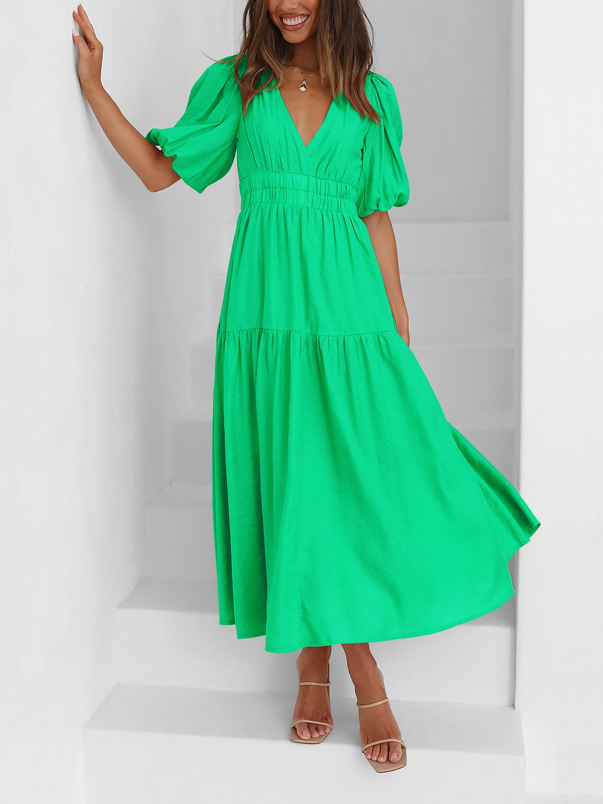 Solid Color V Neck Lantern Sleeve Tiered Maxi Dress