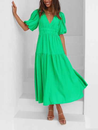 Solid Color V Neck Lantern Sleeve Tiered Maxi Dress
