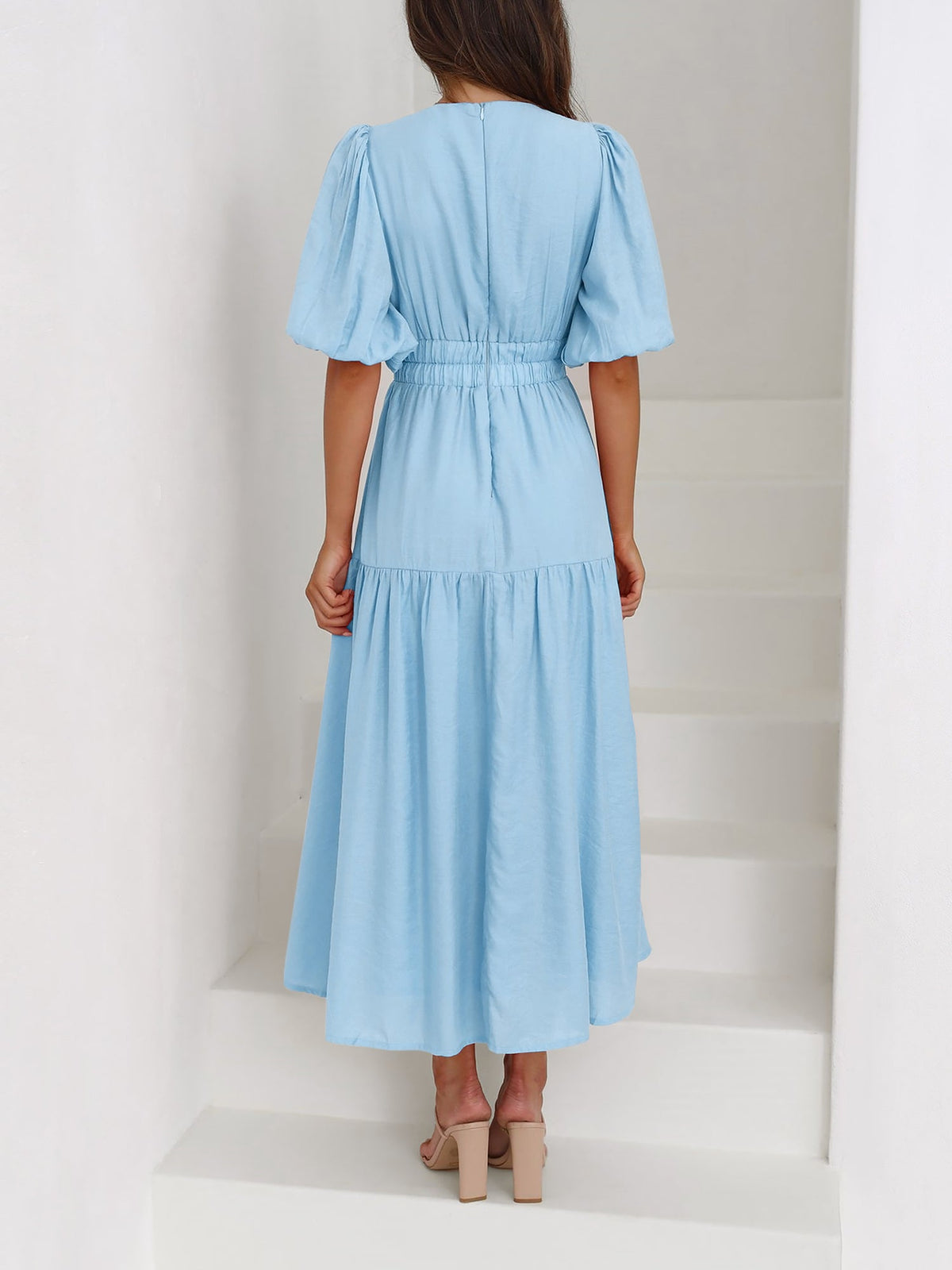 Solid Color V Neck Lantern Sleeve Tiered Maxi Dress