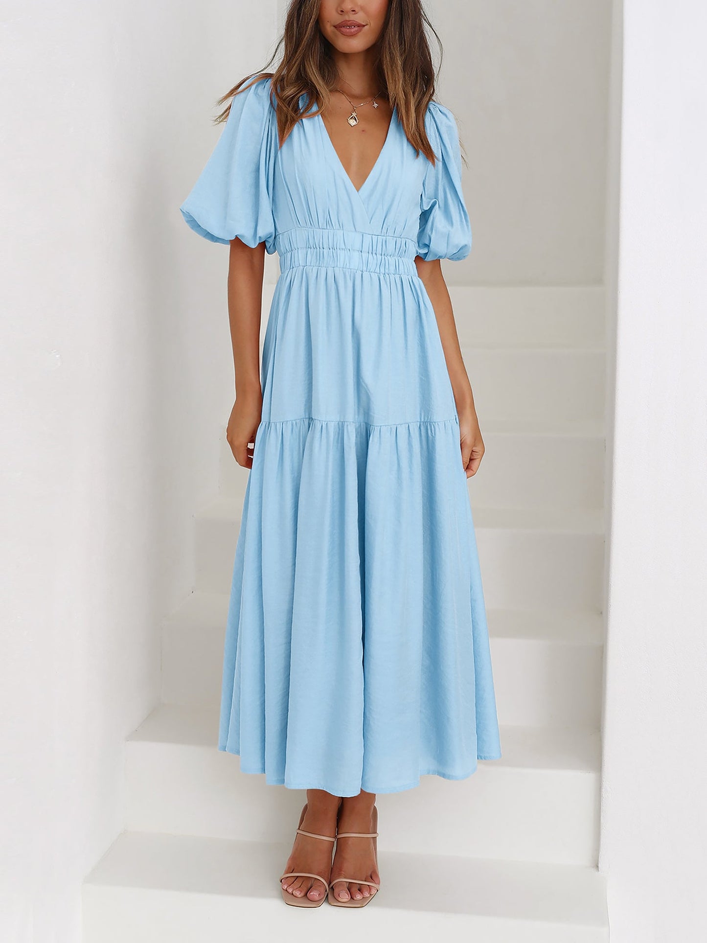Solid Color V Neck Lantern Sleeve Tiered Maxi Dress