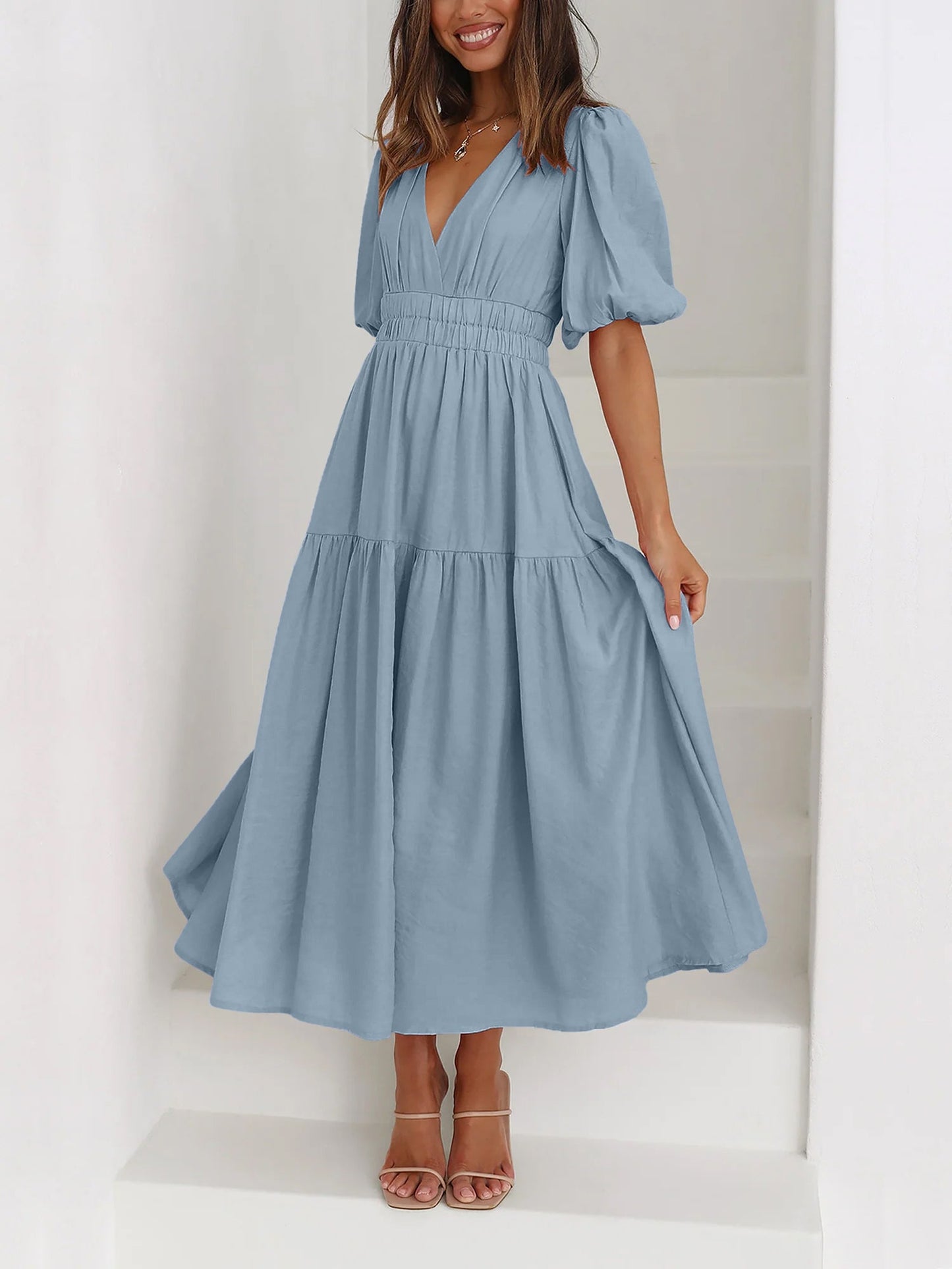 Solid Color V Neck Lantern Sleeve Tiered Maxi Dress