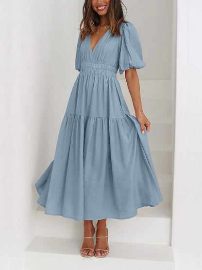 Solid Color V Neck Lantern Sleeve Tiered Maxi Dress