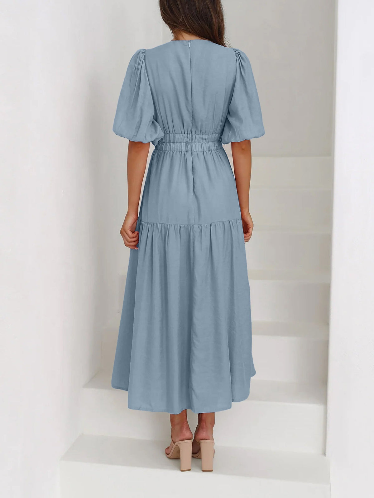 Solid Color V Neck Lantern Sleeve Tiered Maxi Dress