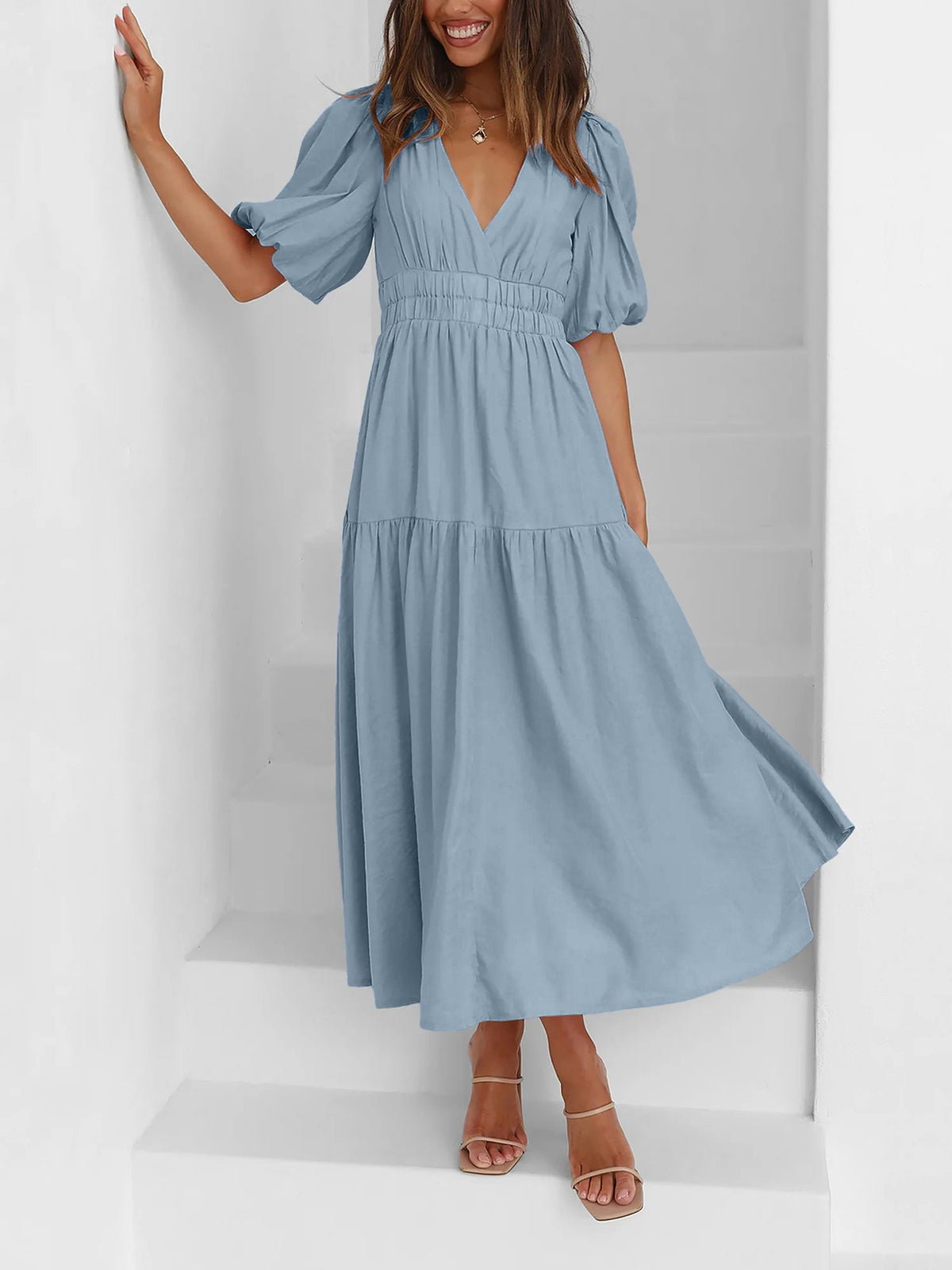 Solid Color V Neck Lantern Sleeve Tiered Maxi Dress