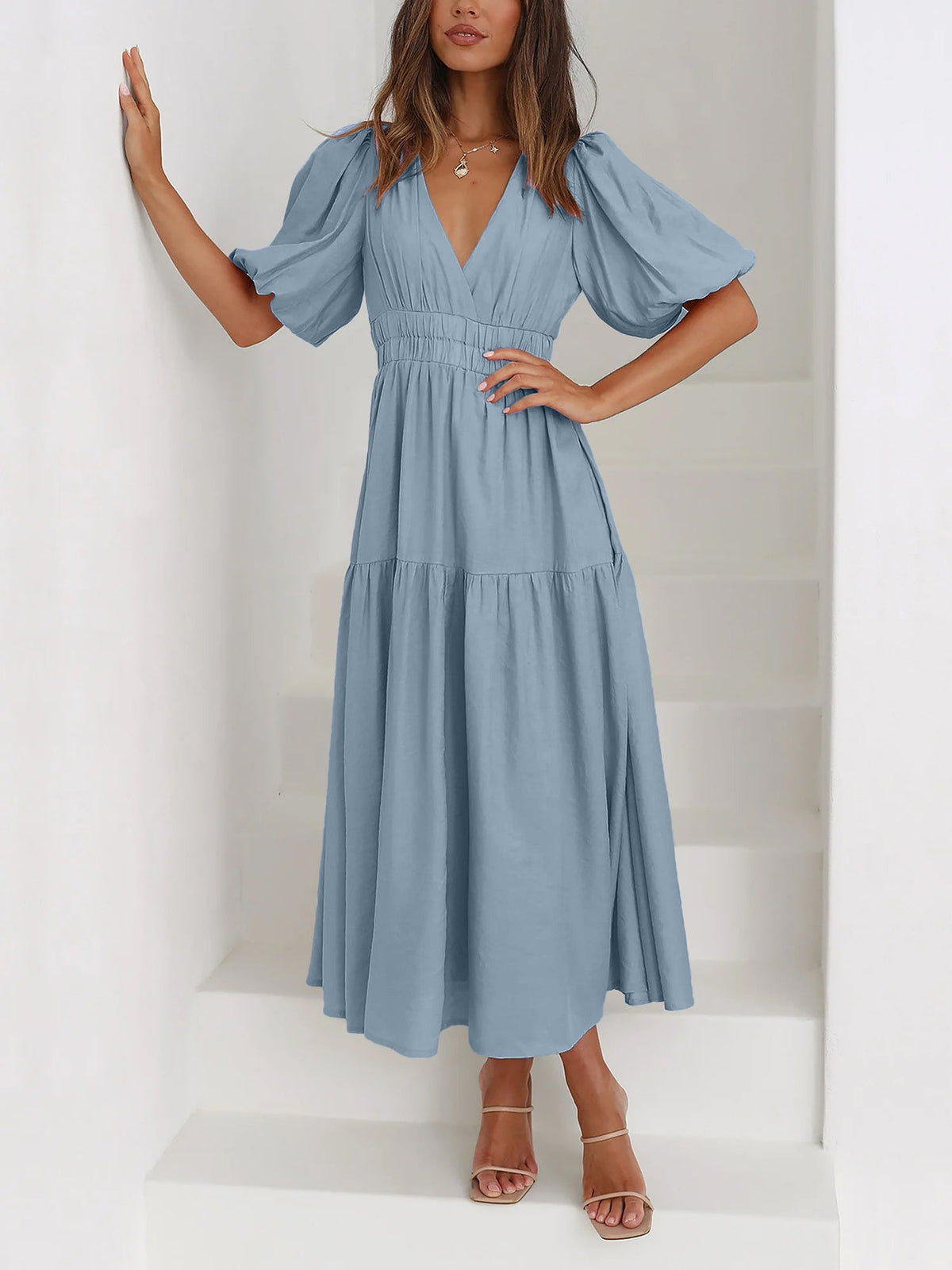 Solid Color V Neck Lantern Sleeve Tiered Maxi Dress
