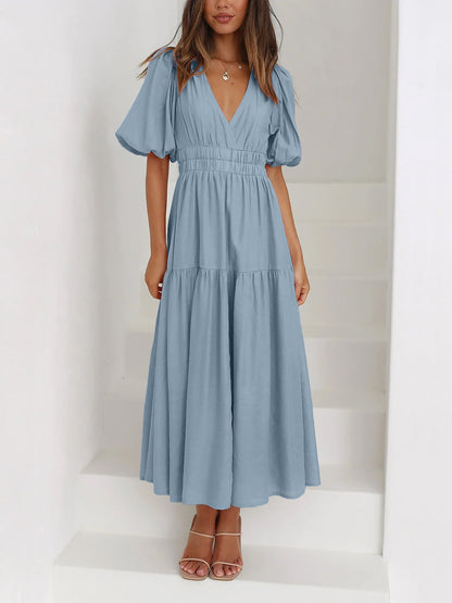 Solid Color V Neck Lantern Sleeve Tiered Maxi Dress