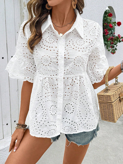 Eyelet Mid Sleeves Button Down Babydoll Blouse