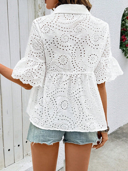 Eyelet Mid Sleeves Button Down Babydoll Blouse