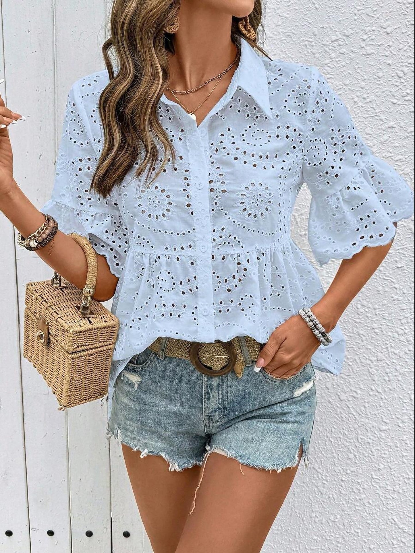 Eyelet Mid Sleeves Button Down Babydoll Blouse