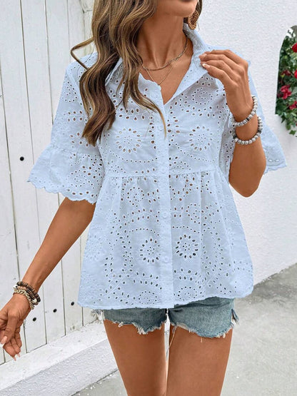 Eyelet Mid Sleeves Button Down Babydoll Blouse