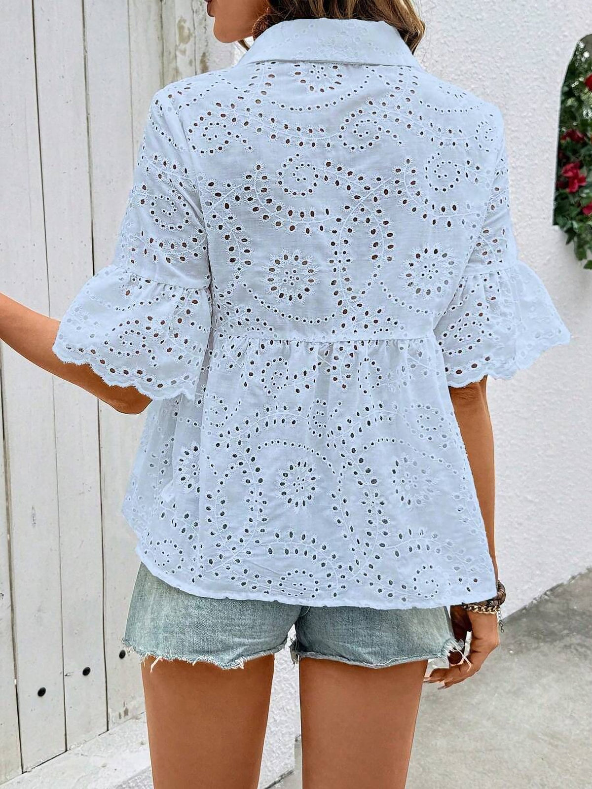 Eyelet Mid Sleeves Button Down Babydoll Blouse