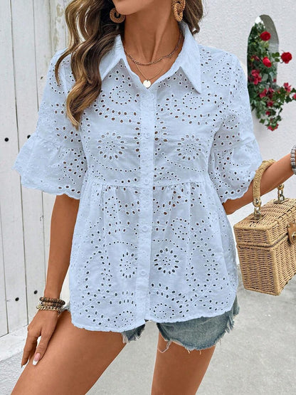 Eyelet Mid Sleeves Button Down Babydoll Blouse