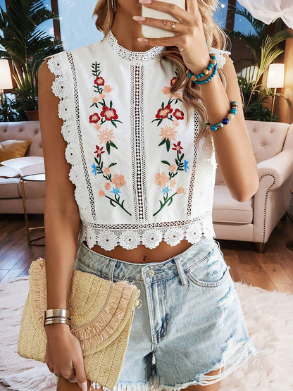 Lace Trim Embroidered Sleeveless Cropped Blouse