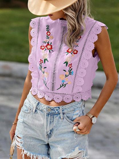 Lace Trim Embroidered Sleeveless Cropped Blouse