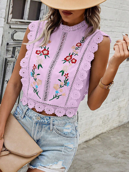 Lace Trim Embroidered Sleeveless Cropped Blouse