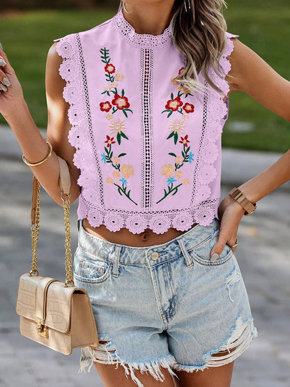 Lace Trim Embroidered Sleeveless Cropped Blouse