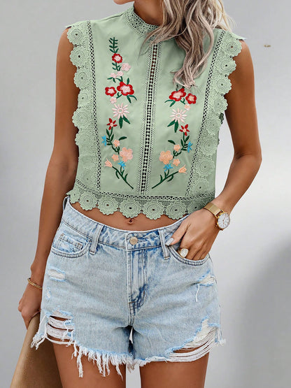 Lace Trim Embroidered Sleeveless Cropped Blouse