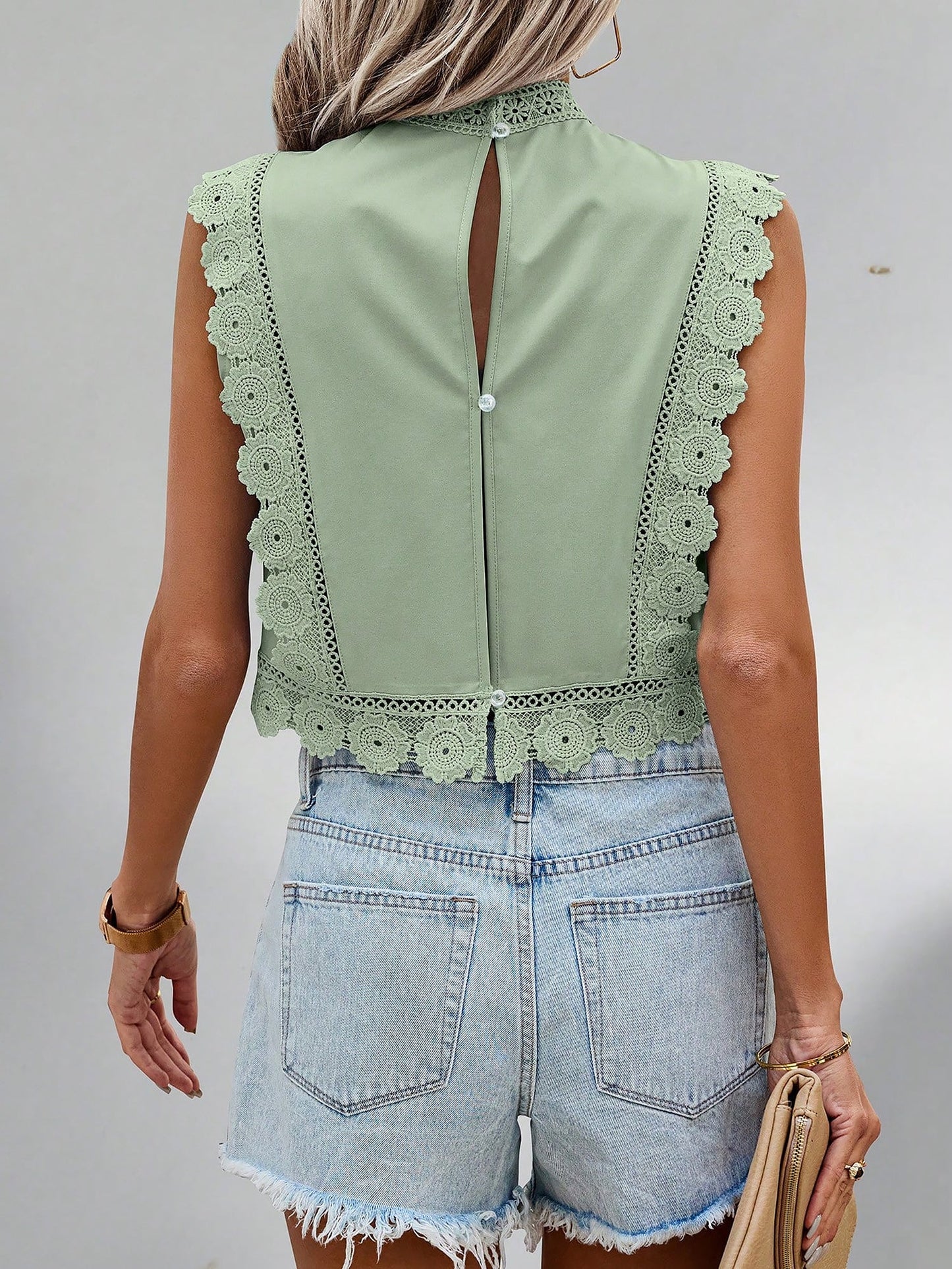 Lace Trim Embroidered Sleeveless Cropped Blouse