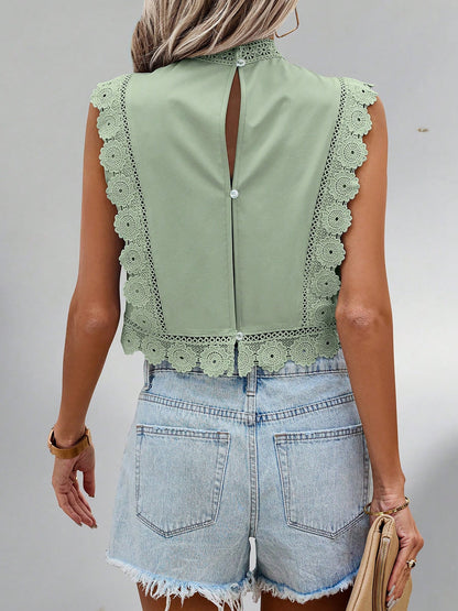 Lace Trim Embroidered Sleeveless Cropped Blouse