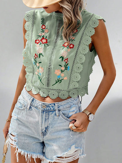 Lace Trim Embroidered Sleeveless Cropped Blouse
